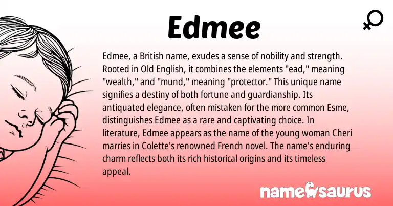 Infographic about Edmee name meaning, Edmee is a name from Old English, French, British origin(s).