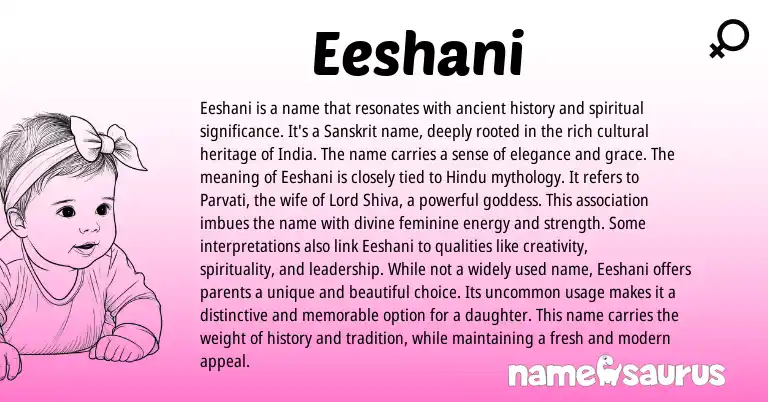 Infographic about Eeshani name meaning, Eeshani is a name from Indian origin(s).