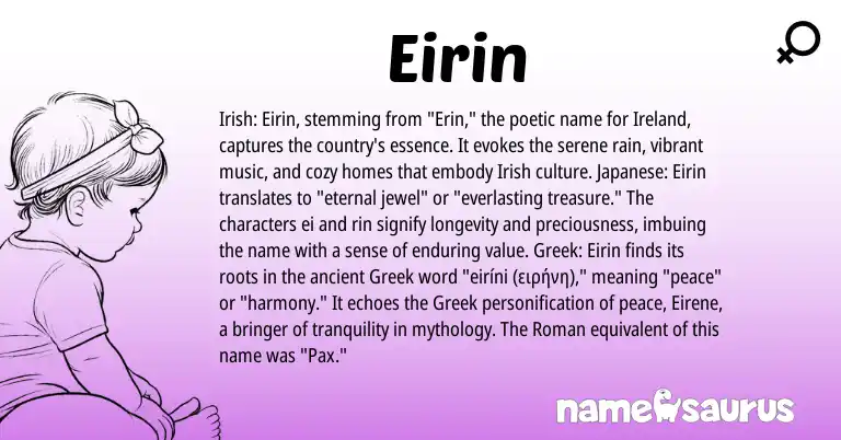 Infographic about Eirin name meaning, Eirin is a name from Irish, Ireland, Japanese, Roman, Greek origin(s).