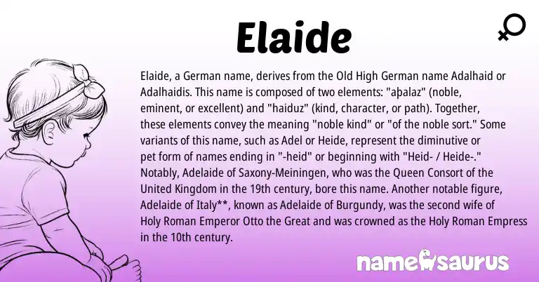 Infographic about Elaide name meaning, Elaide is a name from Old High German, German, Roman, United Kingdom origin(s).