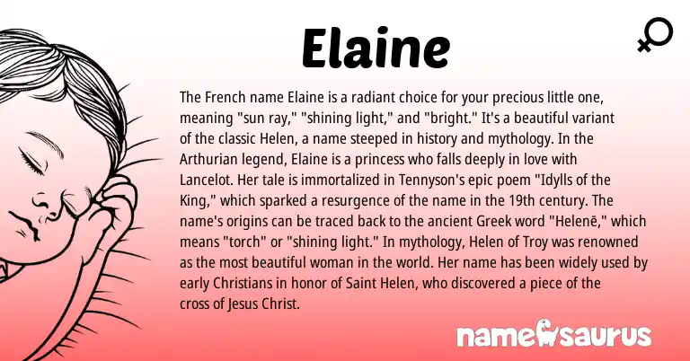 Infographic about Elaine name meaning, Elaine is a name from French, Greek, Arthurian origin(s).