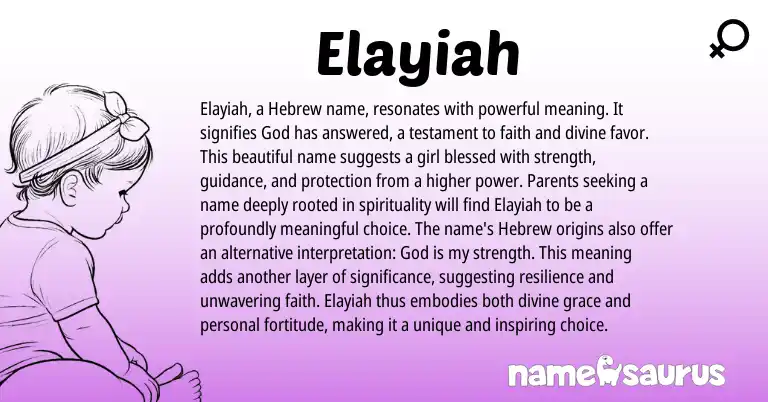 Infographic about Elayiah name meaning, Elayiah is a name from Hebrew origin(s).