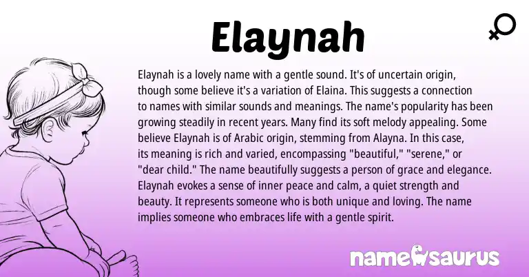 Infographic about Elaynah name meaning, Elaynah is a name from Arabic origin(s).