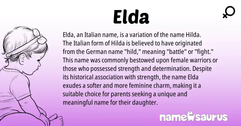 Infographic about Elda name meaning, Elda is a name from German, Italian origin(s).