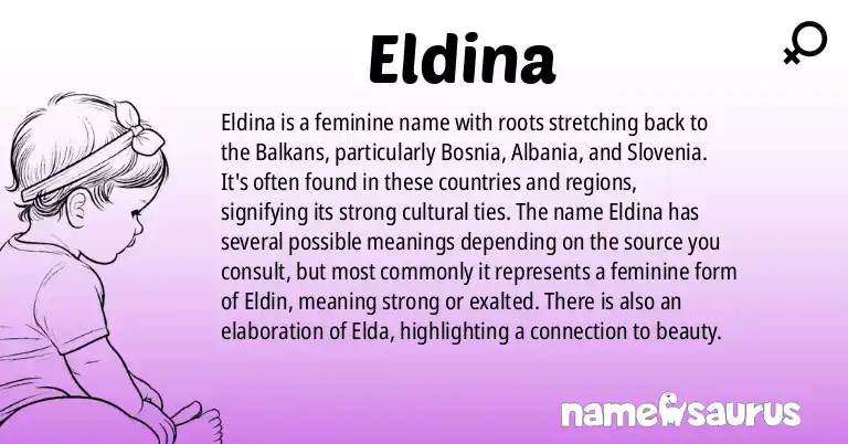 Infographic about Eldina name meaning, Eldina is a name from Bosnian, Albanian, Slovene origin(s).