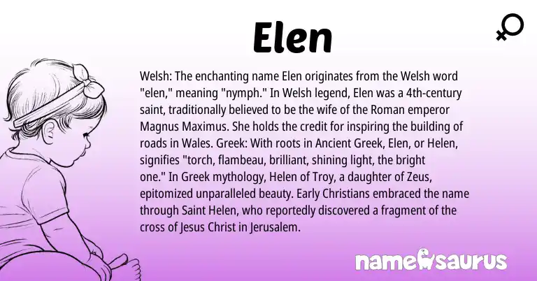 Infographic about Elen name meaning, Elen is a name from Roman, Ancient Greek, Welsh, Greek origin(s).