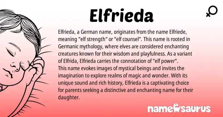 Infographic about Elfrieda name meaning, Elfrieda is a name from German, Germanic origin(s).