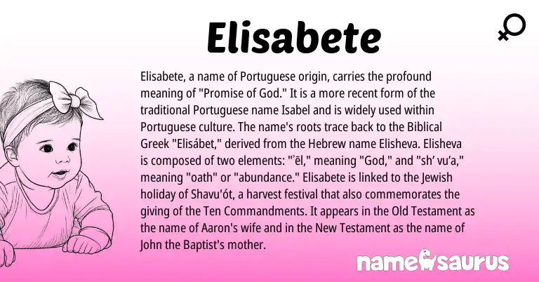 Infographic about Elisabete name meaning, Elisabete is a name from Jewish, Hebrew, Biblical Greek, Portuguese origin(s).