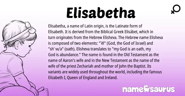 Infographic about Elisabetha name meaning, Elisabetha is a name from Ireland, Biblical Greek, England, Latin, Hebrew origin(s).