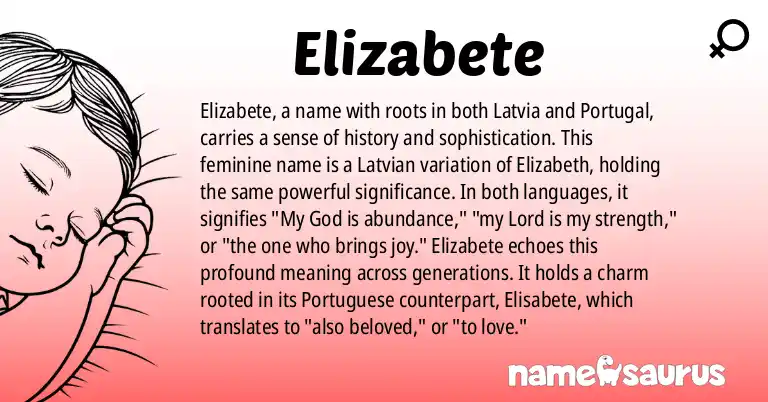 Infographic about Elizabete name meaning, Elizabete is a name from Latvian, Portuguese origin(s).