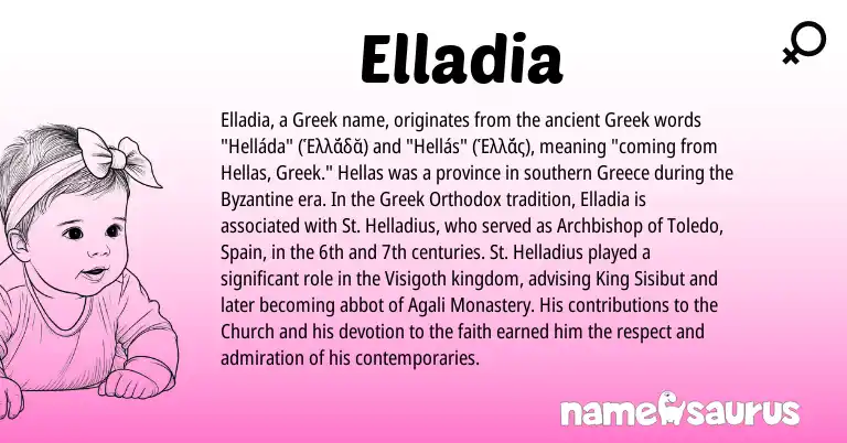 Infographic about Elladia name meaning, Elladia is a name from Spain, Greece, Greek origin(s).