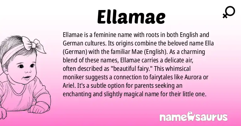 Infographic about Ellamae name meaning, Ellamae is a name from English, Popular Culture, German, British origin(s).