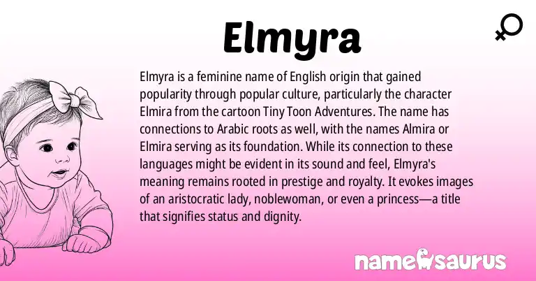 Infographic about Elmyra name meaning, Elmyra is a name from English, Popular Culture, Arabic, German origin(s).