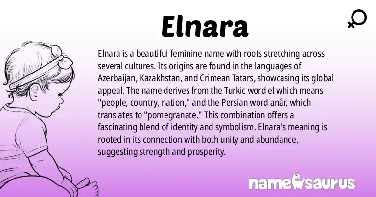 Infographic about Elnara name meaning, Elnara is a name from Azerbaijani, Kazakh, Crimean Tatar origin(s).