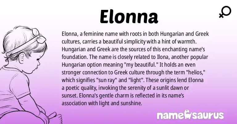 Infographic about Elonna name meaning, Elonna is a name from Hungarian, Greek origin(s).