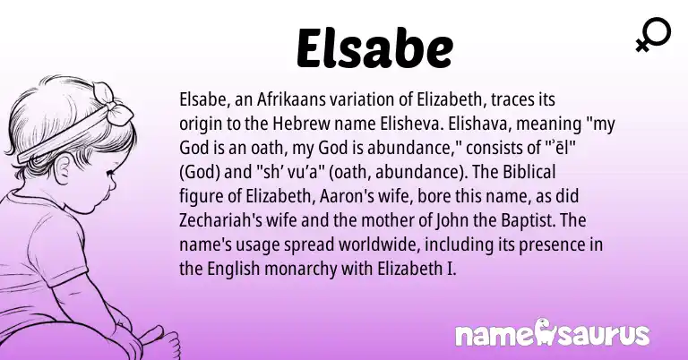 Infographic about Elsabe name meaning, Elsabe is a name from English, Afrikaans, Hebrew origin(s).