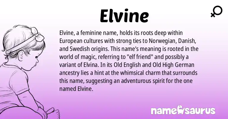 Infographic about Elvine name meaning, Elvine is a name from Norwegian, Danish, Swedish, British origin(s).
