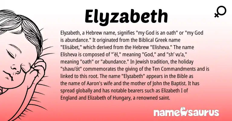 Infographic about Elyzabeth name meaning, Elyzabeth is a name from Biblical Greek, Jewish, Hebrew, England origin(s).