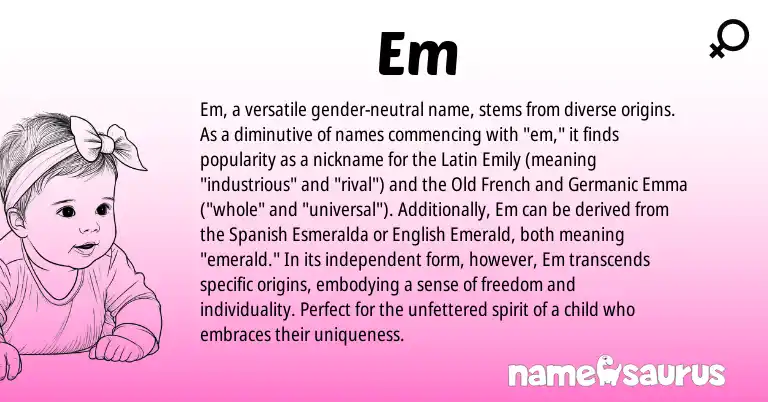 Infographic about Em name meaning, Em is a name from Spanish, English, Old French, Germanic, Latin origin(s).