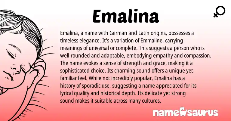Infographic about Emalina name meaning, Emalina is a name from Latin, Germanic, English origin(s).