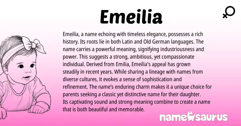 Infographic about Emeilia name meaning, Emeilia is a name from Germanic, Latin origin(s).