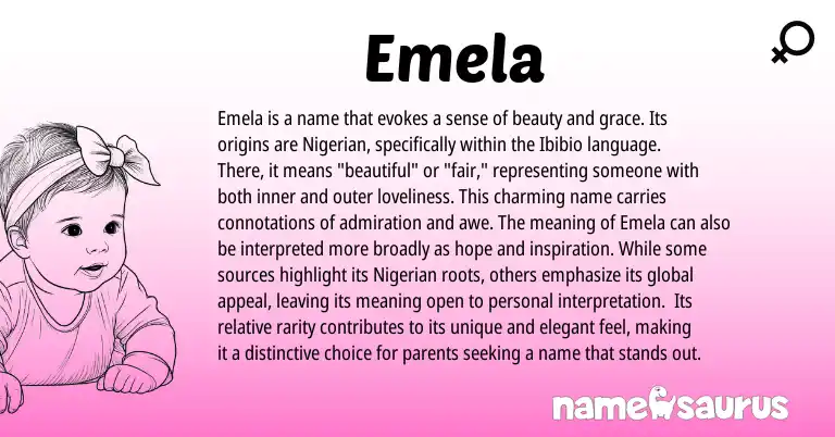Infographic about Emela name meaning, Emela is a name from Bosnian, Ibibio, Nigerian origin(s).