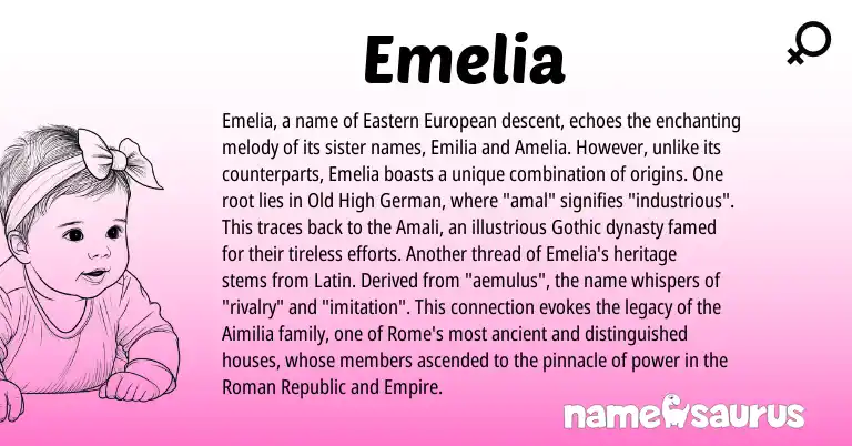 Infographic about Emelia name meaning, Emelia is a name from Eastern European, Old High German, Roman, Latin, Gothic origin(s).