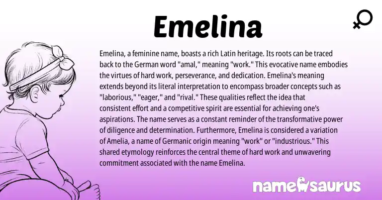 Infographic about Emelina name meaning, Emelina is a name from German, Germanic, Latin origin(s).