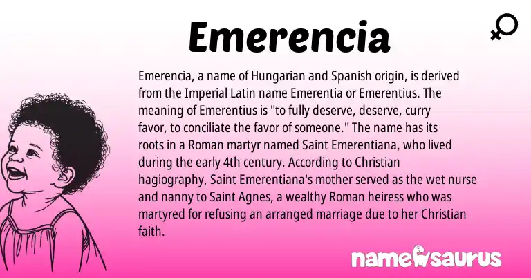 Infographic about Emerencia name meaning, Emerencia is a name from Roman, Spanish, Hungarian, Latin origin(s).