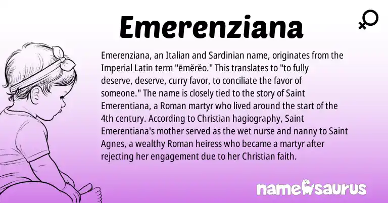 Infographic about Emerenziana name meaning, Emerenziana is a name from Roman, Sardinian, Latin, Italian origin(s).