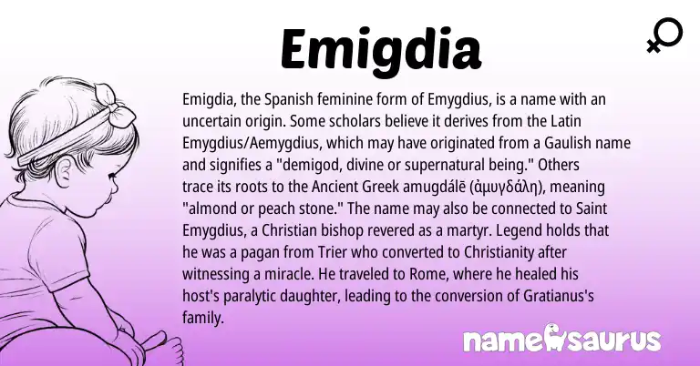 Infographic about Emigdia name meaning, Emigdia is a name from Ancient Greek, Christianity, Spanish, Gaulish, Latin origin(s).