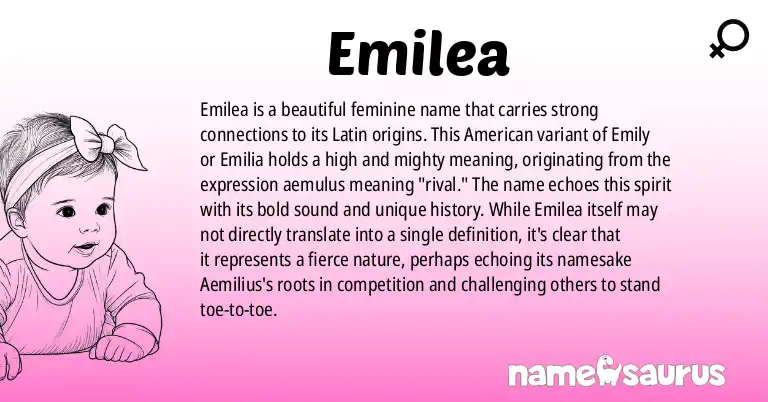 Infographic about Emilea name meaning, Emilea is a name from American, Latin origin(s).