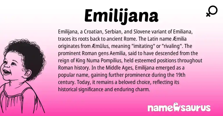 Infographic about Emilijana name meaning, Emilijana is a name from Croatian, Roman, Latin, Serbian, Slovene origin(s).