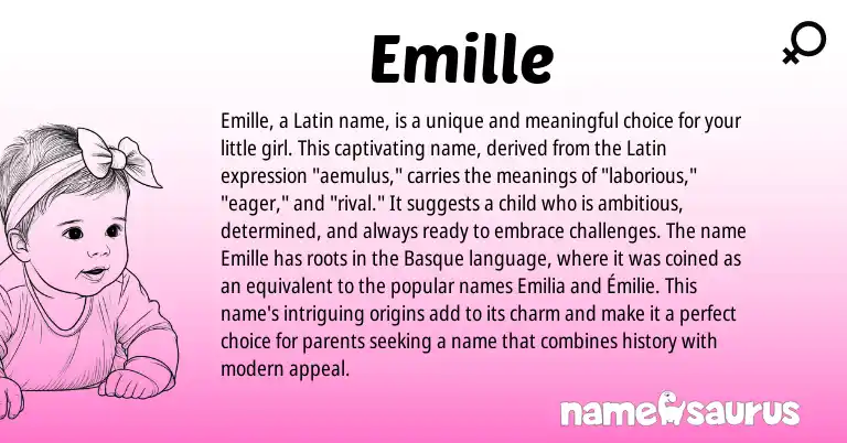 Infographic about Emille name meaning, Emille is a name from Basque, Latin origin(s).