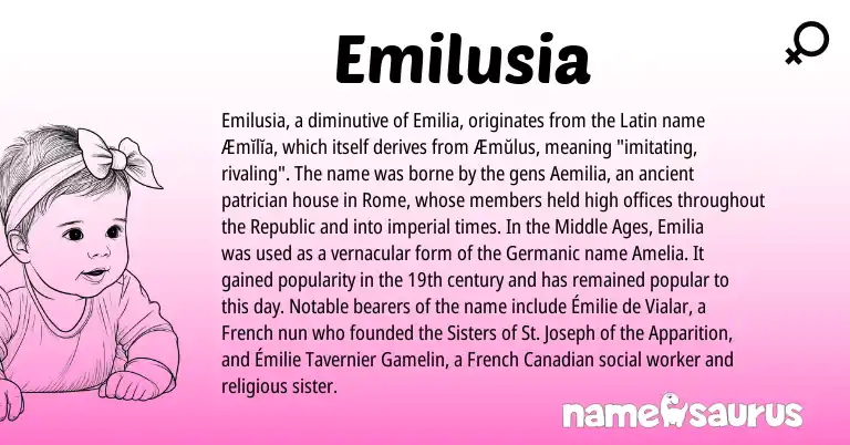 Infographic about Emilusia name meaning, Emilusia is a name from Germanic, French, Latin, Canadian origin(s).