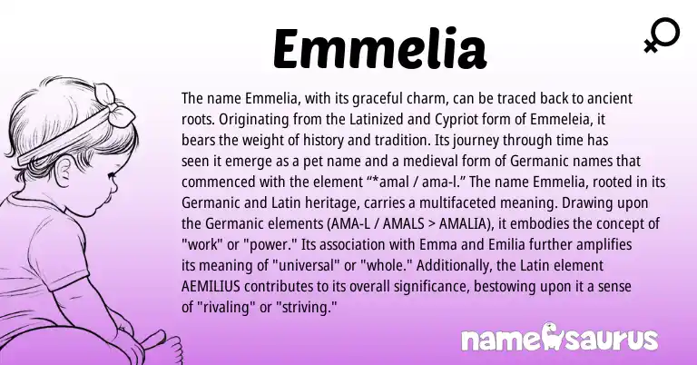 Infographic about Emmelia name meaning, Emmelia is a name from Germanic, Latin origin(s).