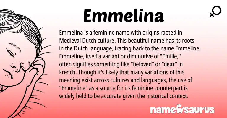 Infographic about Emmelina name meaning, Emmelina is a name from Medieval Dutch, Dutch origin(s).