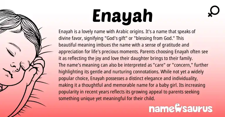 Infographic about Enayah name meaning, Enayah is a name from Arabic origin(s).