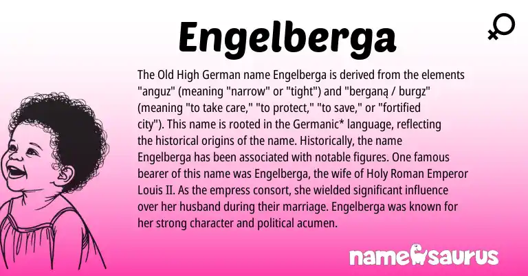Infographic about Engelberga name meaning, Engelberga is a name from Old High German, Roman, Germanic origin(s).