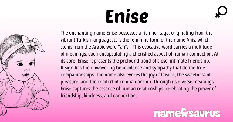 Infographic about Enise name meaning, Enise is a name from Arabic, Turkish origin(s).