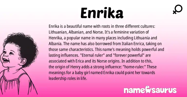 Infographic about Enrika name meaning, Enrika is a name from Lithuanian, Albanian, Norse, German origin(s).