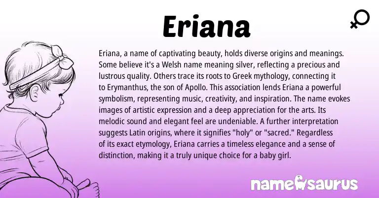 Infographic about Eriana name meaning, Eriana is a name from Welsh, Greek, American origin(s).