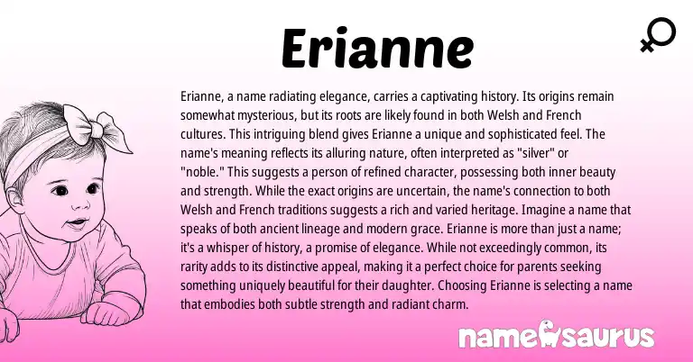 Infographic about Erianne name meaning, Erianne is a name from Persian, French, Welsh, English origin(s).