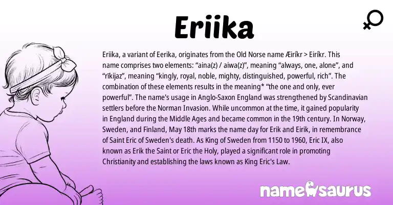 Infographic about Eriika name meaning, Eriika is a name from Old Norse, Christianity, Anglo-Saxon, Scandinavian, England, Norway, Norman origin(s).
