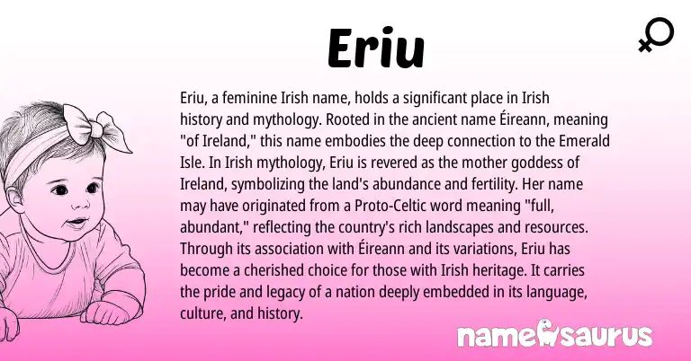 Infographic about Eriu name meaning, Eriu is a name from Irish, Ireland, Proto-Celtic origin(s).