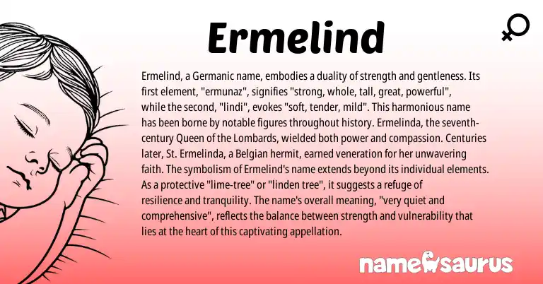 Infographic about Ermelind name meaning, Ermelind is a name from Germanic, Belgian origin(s).