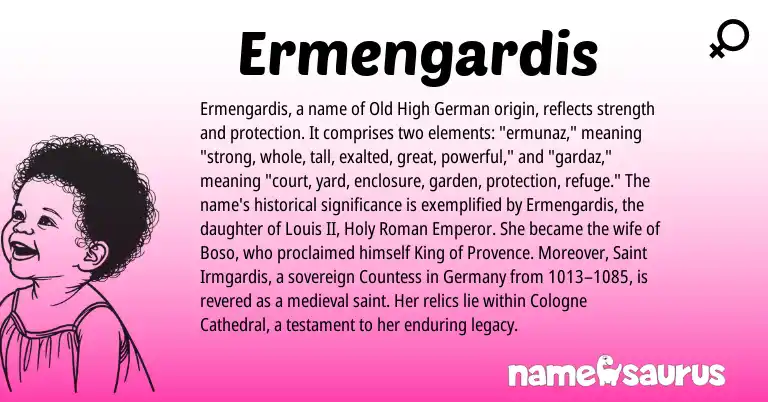Infographic about Ermengardis name meaning, Ermengardis is a name from Old High German, Roman origin(s).