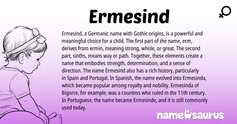 Infographic about Ermesind name meaning, Ermesind is a name from Portugal, Spanish, Spain, Germanic, Gothic, Portuguese origin(s).