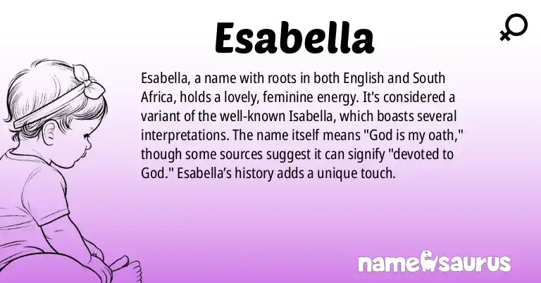 Infographic about Esabella name meaning, Esabella is a name from English, South African origin(s).