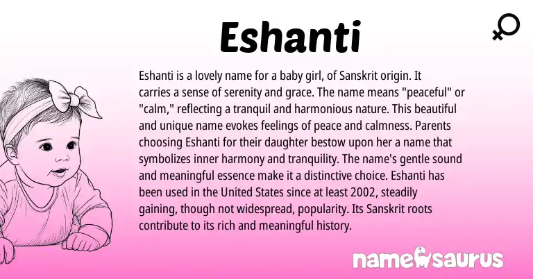 Infographic about Eshanti name meaning, Eshanti is a name from Sanskrit origin(s).